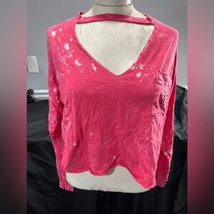 VS Love Pink Bleach Dyed Cut Out Crop Long Sleeve Pink Cotton Top Small Dog Logo